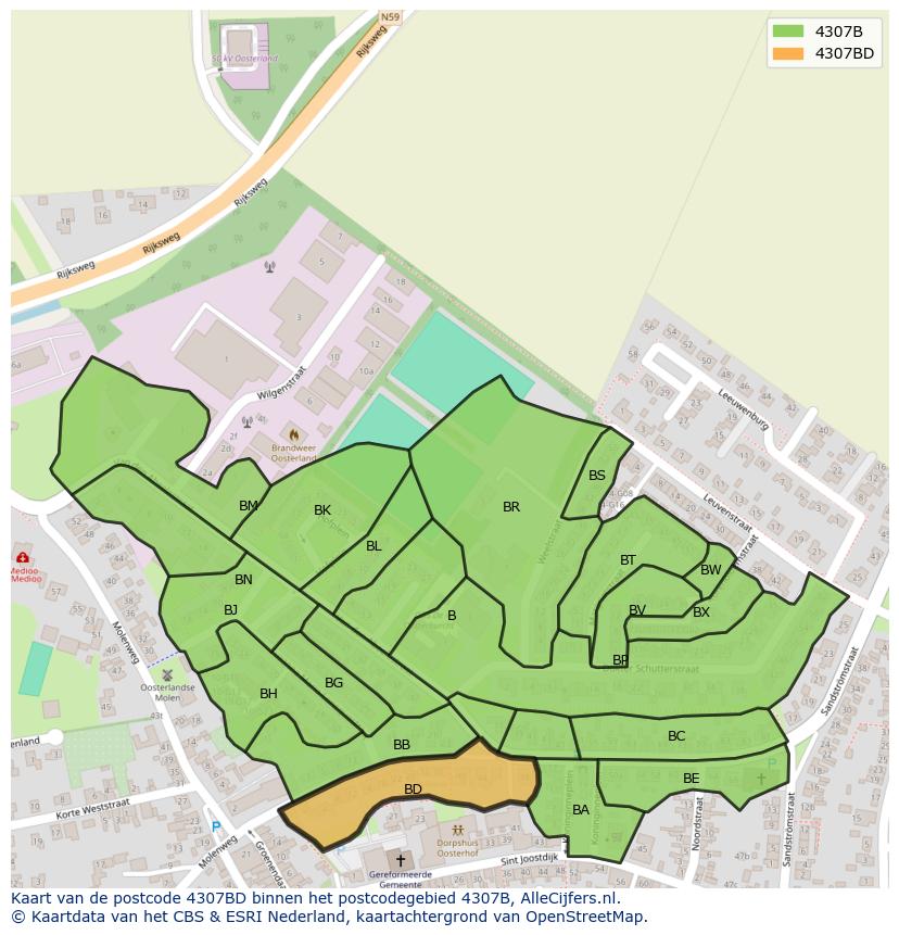 Afbeelding van het postcodegebied 4307 BD op de kaart.