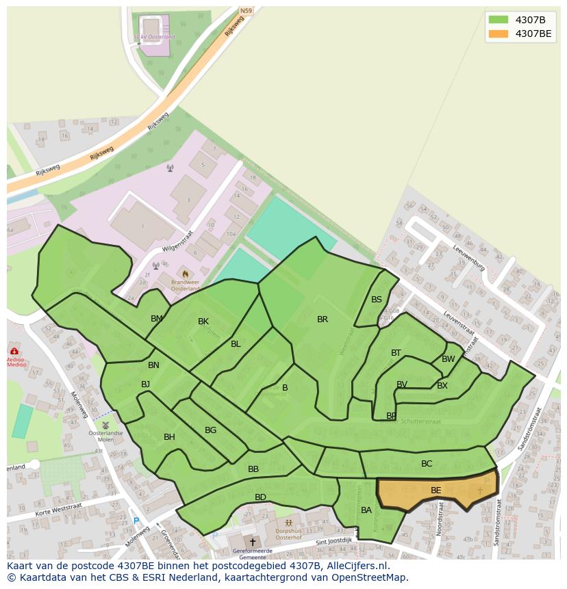 Afbeelding van het postcodegebied 4307 BE op de kaart.