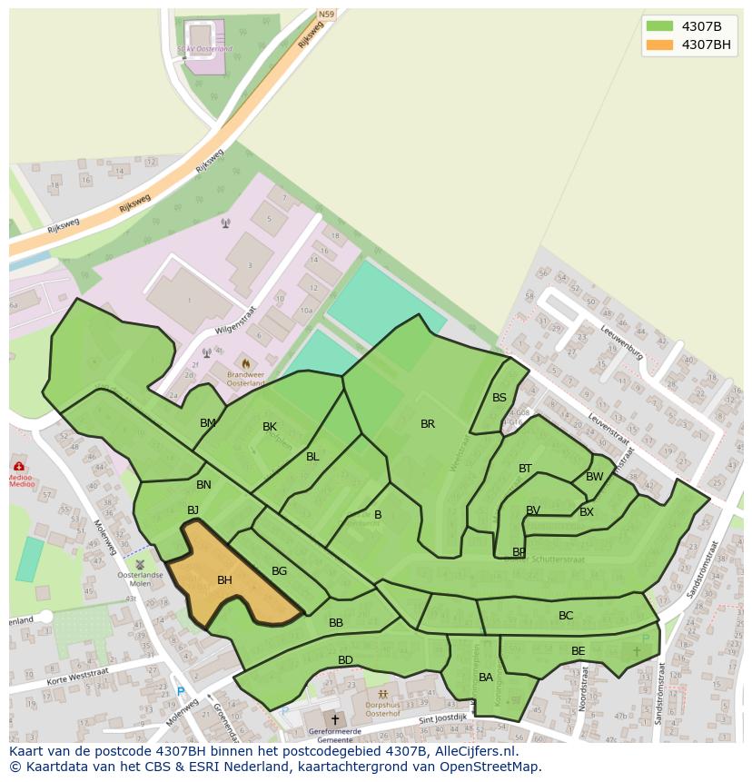 Afbeelding van het postcodegebied 4307 BH op de kaart.