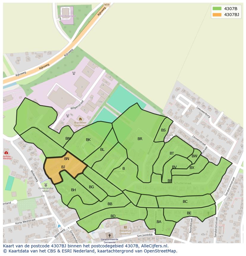 Afbeelding van het postcodegebied 4307 BJ op de kaart.