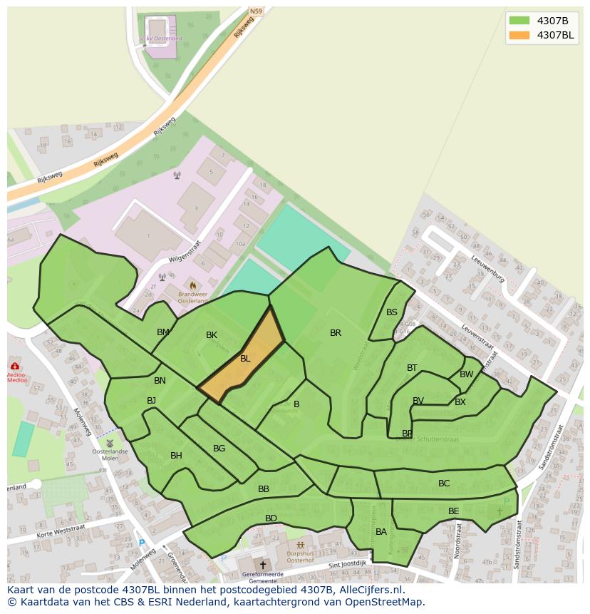 Afbeelding van het postcodegebied 4307 BL op de kaart.
