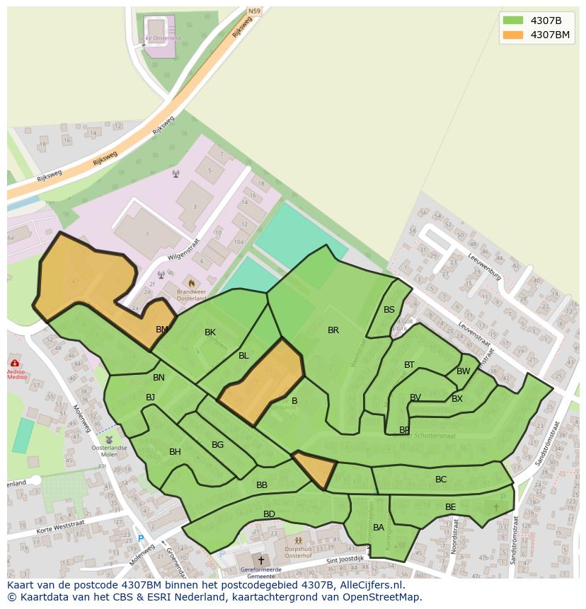 Afbeelding van het postcodegebied 4307 BM op de kaart.