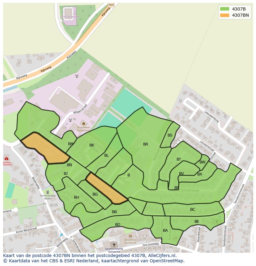 Afbeelding van het postcodegebied 4307 BN op de kaart.