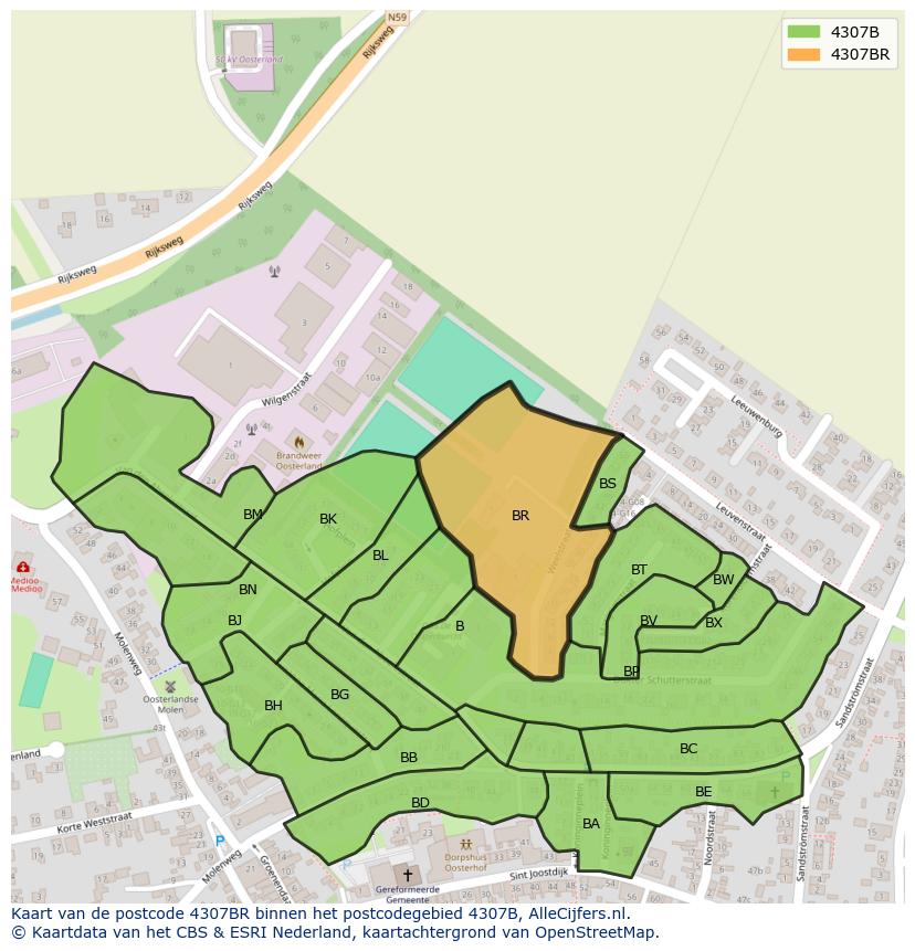 Afbeelding van het postcodegebied 4307 BR op de kaart.