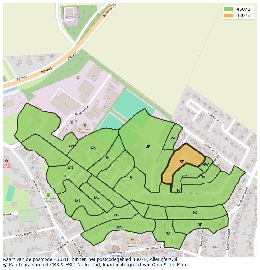 Afbeelding van het postcodegebied 4307 BT op de kaart.