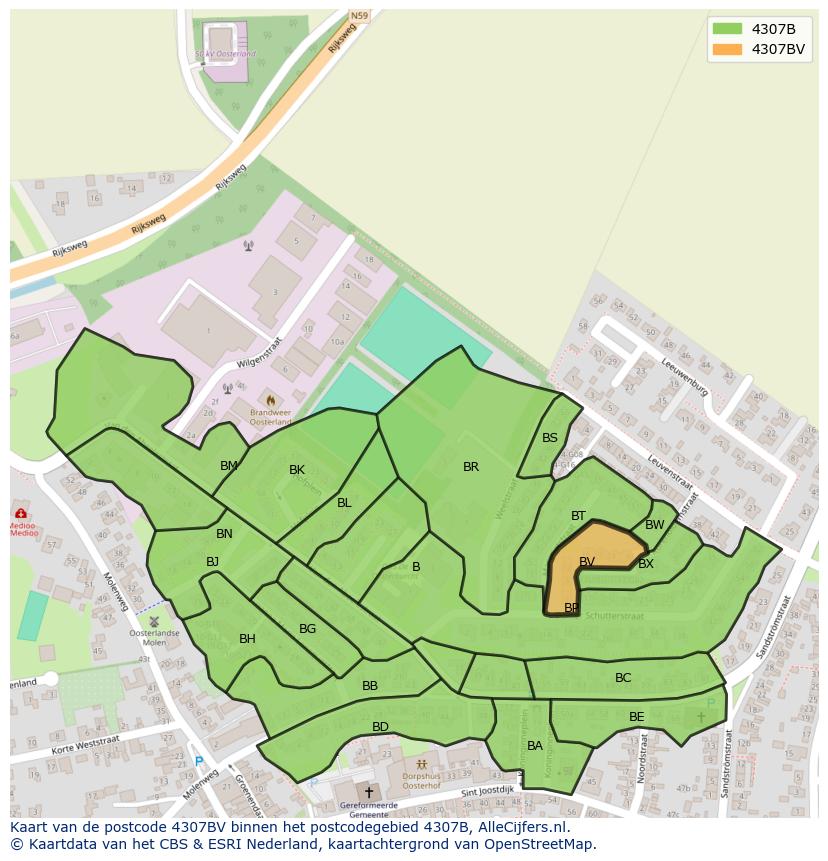 Afbeelding van het postcodegebied 4307 BV op de kaart.