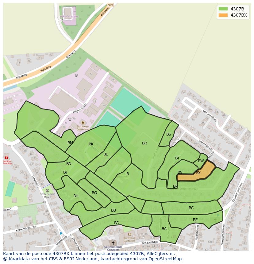 Afbeelding van het postcodegebied 4307 BX op de kaart.