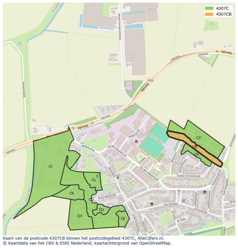 Afbeelding van het postcodegebied 4307 CB op de kaart.
