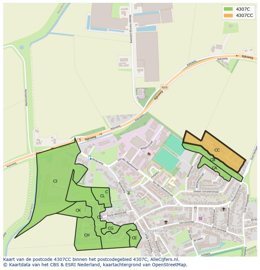 Afbeelding van het postcodegebied 4307 CC op de kaart.