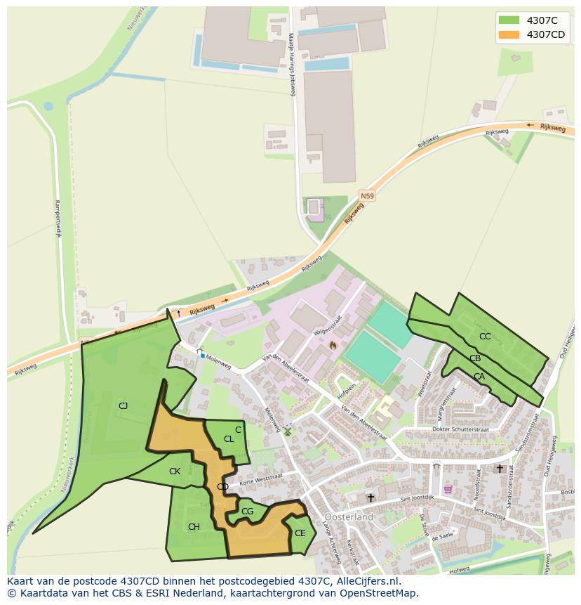 Afbeelding van het postcodegebied 4307 CD op de kaart.