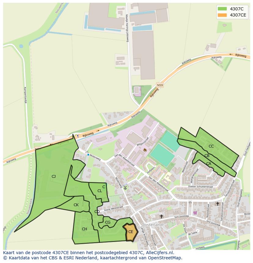Afbeelding van het postcodegebied 4307 CE op de kaart.