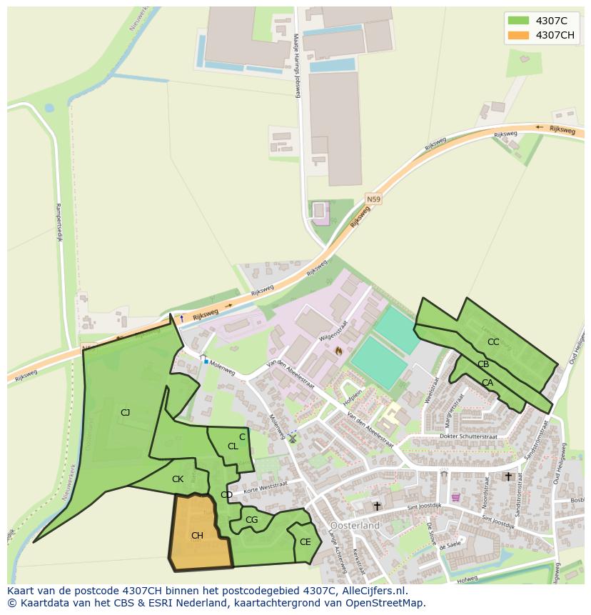 Afbeelding van het postcodegebied 4307 CH op de kaart.