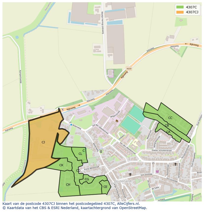 Afbeelding van het postcodegebied 4307 CJ op de kaart.