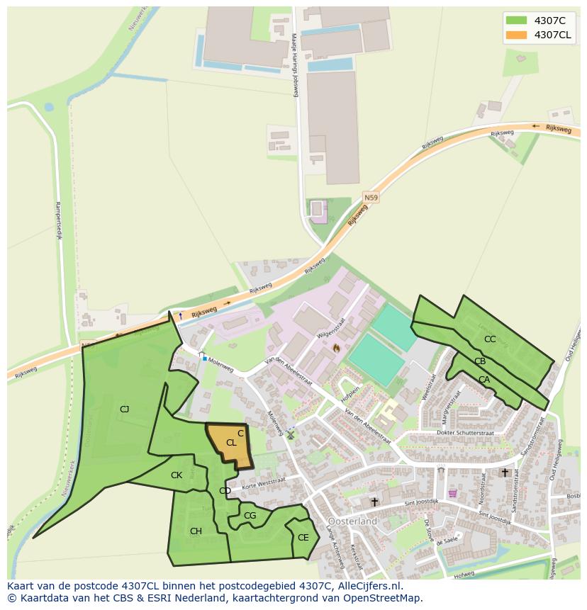 Afbeelding van het postcodegebied 4307 CL op de kaart.