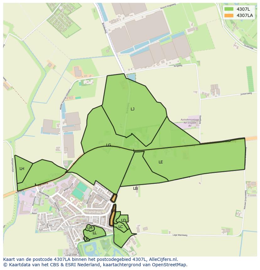 Afbeelding van het postcodegebied 4307 LA op de kaart.