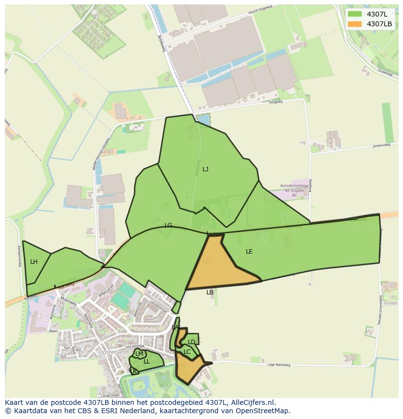 Afbeelding van het postcodegebied 4307 LB op de kaart.