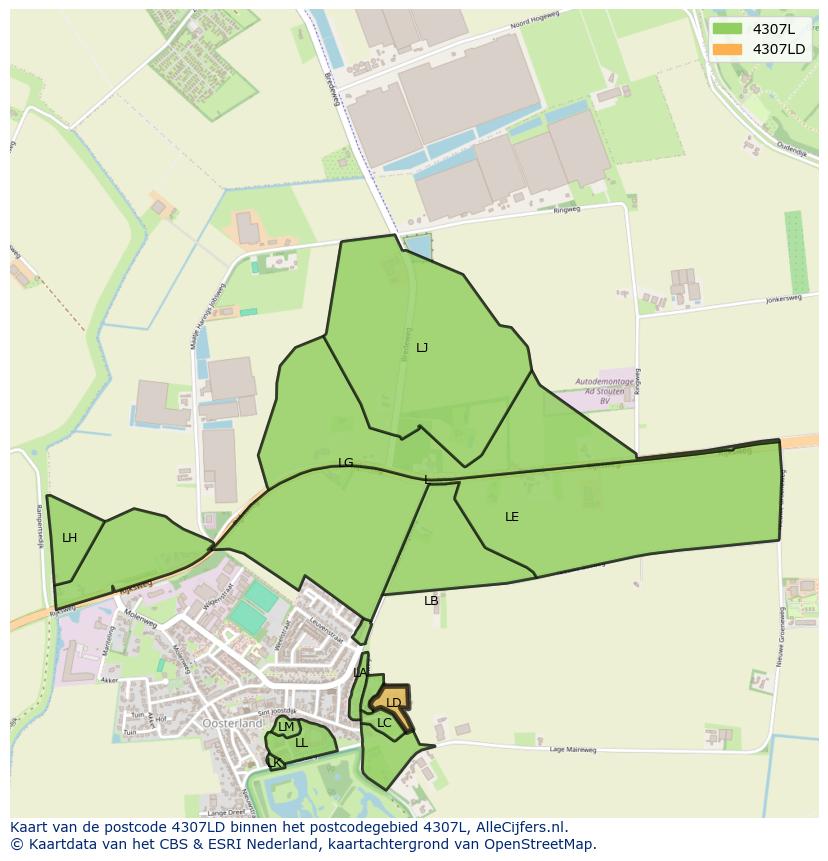 Afbeelding van het postcodegebied 4307 LD op de kaart.