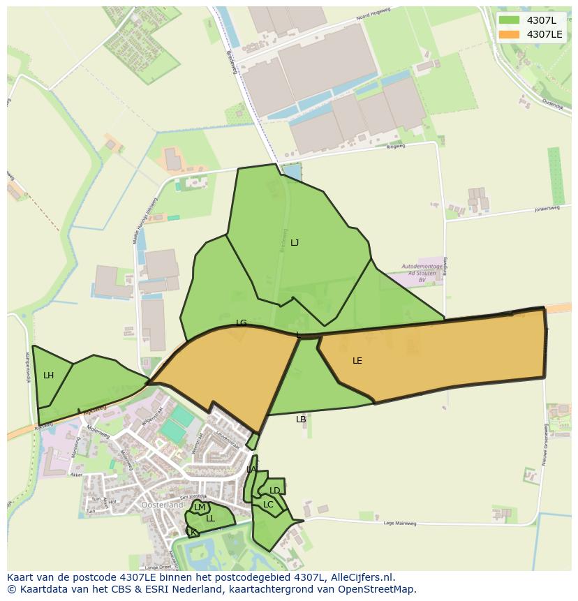 Afbeelding van het postcodegebied 4307 LE op de kaart.