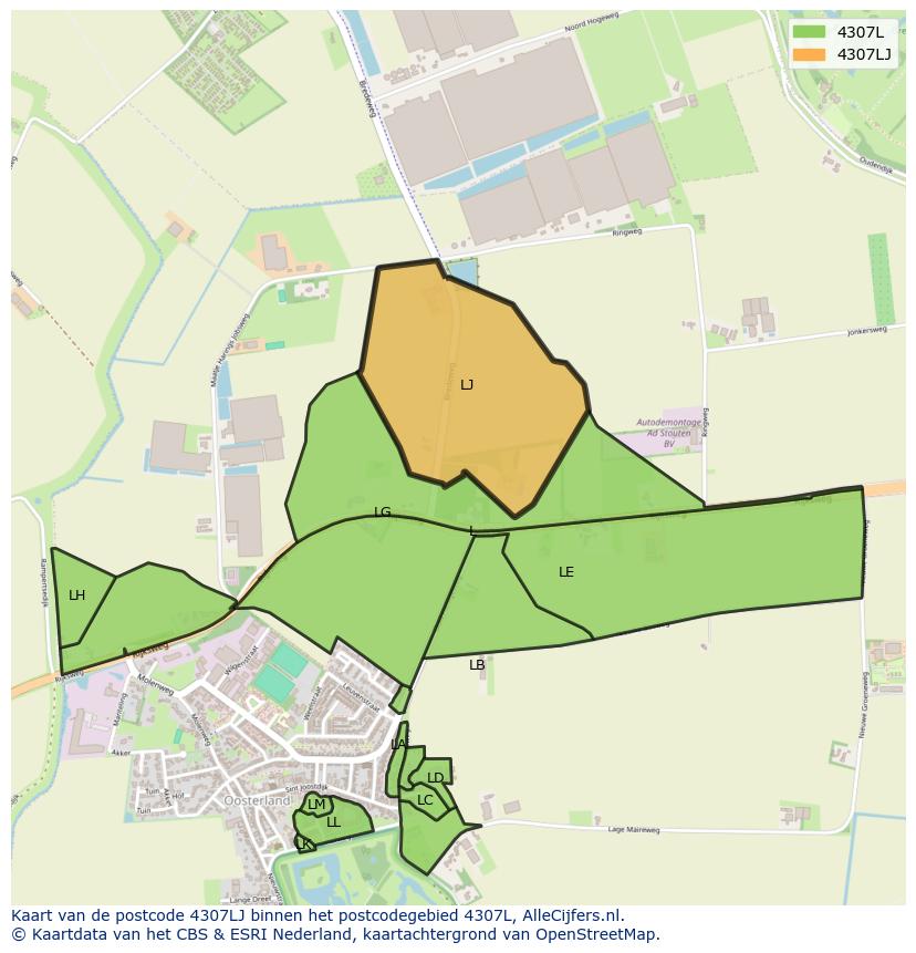 Afbeelding van het postcodegebied 4307 LJ op de kaart.