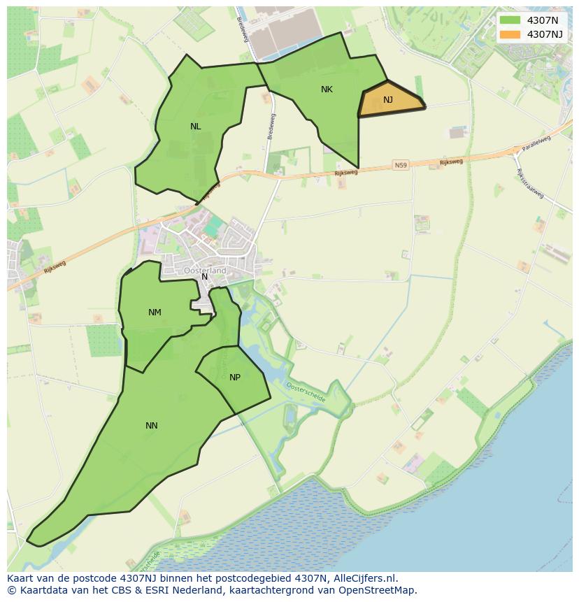 Afbeelding van het postcodegebied 4307 NJ op de kaart.