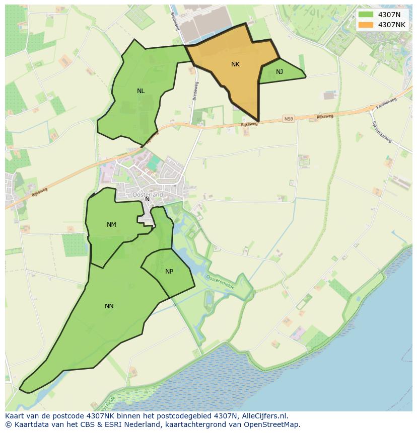Afbeelding van het postcodegebied 4307 NK op de kaart.