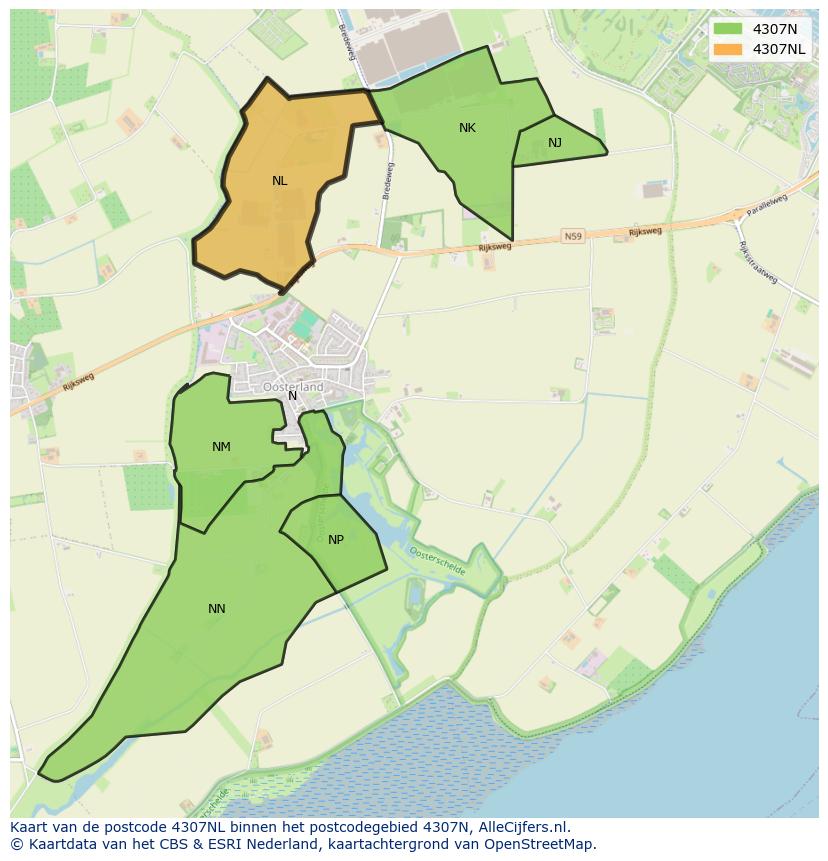 Afbeelding van het postcodegebied 4307 NL op de kaart.