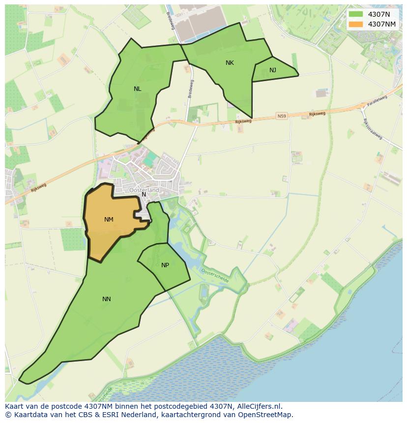Afbeelding van het postcodegebied 4307 NM op de kaart.