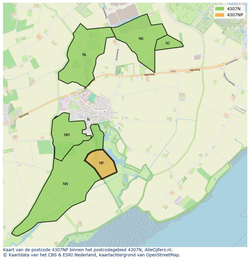 Afbeelding van het postcodegebied 4307 NP op de kaart.