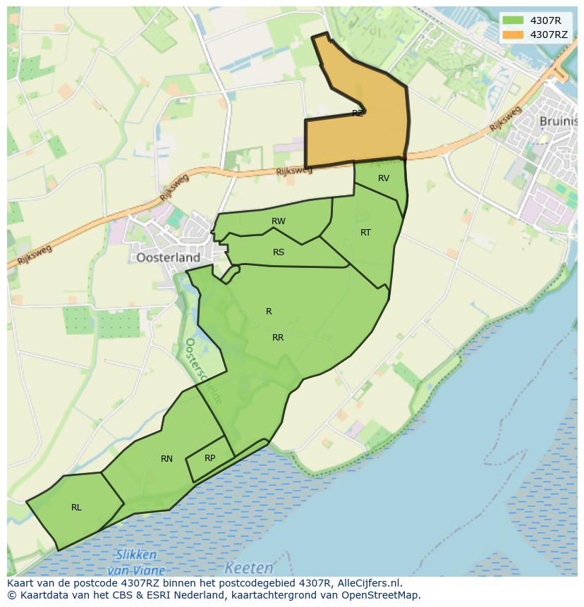 Afbeelding van het postcodegebied 4307 RZ op de kaart.