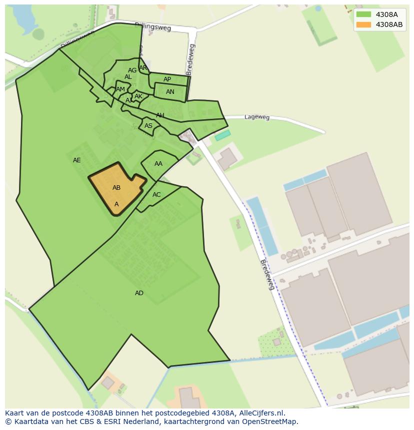 Afbeelding van het postcodegebied 4308 AB op de kaart.