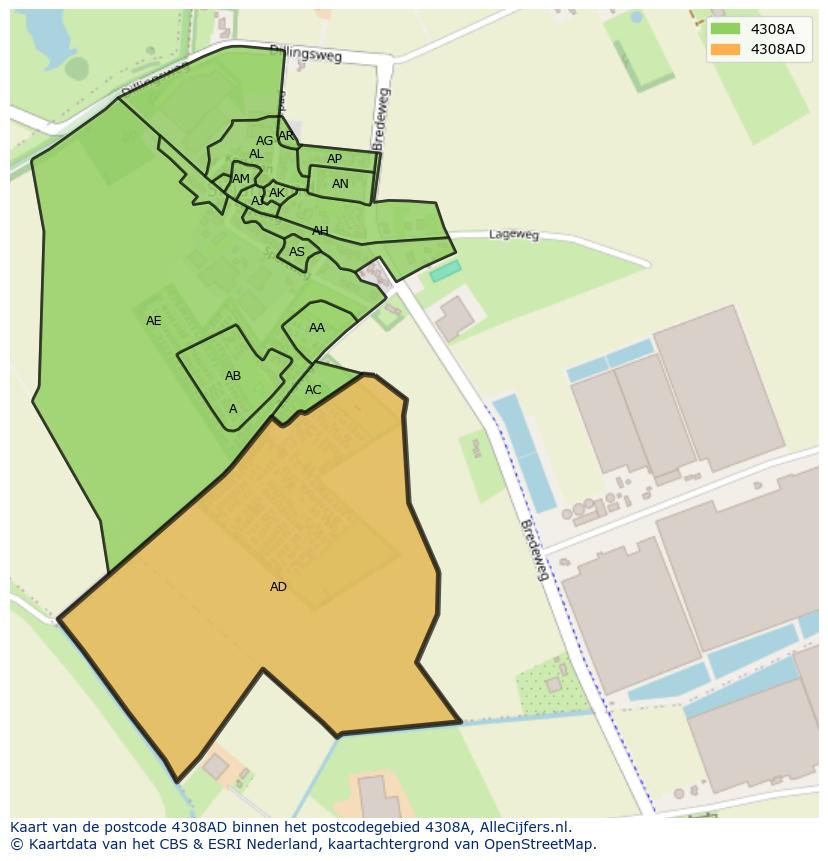 Afbeelding van het postcodegebied 4308 AD op de kaart.