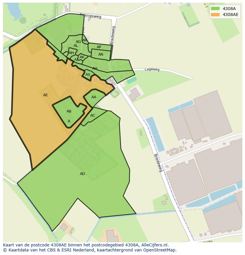 Afbeelding van het postcodegebied 4308 AE op de kaart.