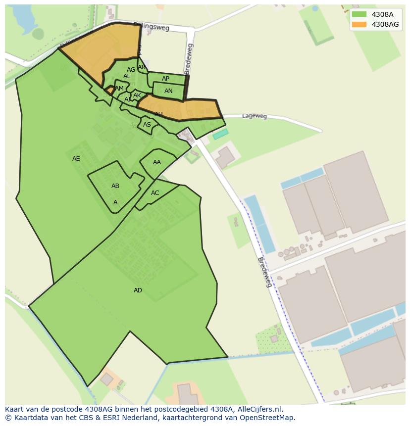 Afbeelding van het postcodegebied 4308 AG op de kaart.