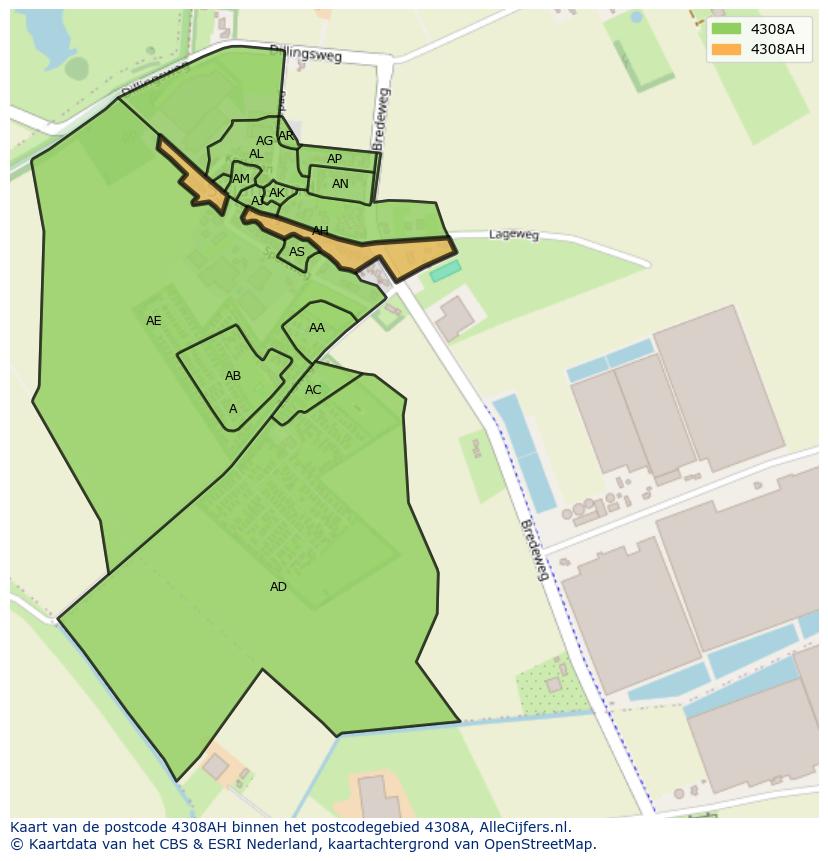 Afbeelding van het postcodegebied 4308 AH op de kaart.