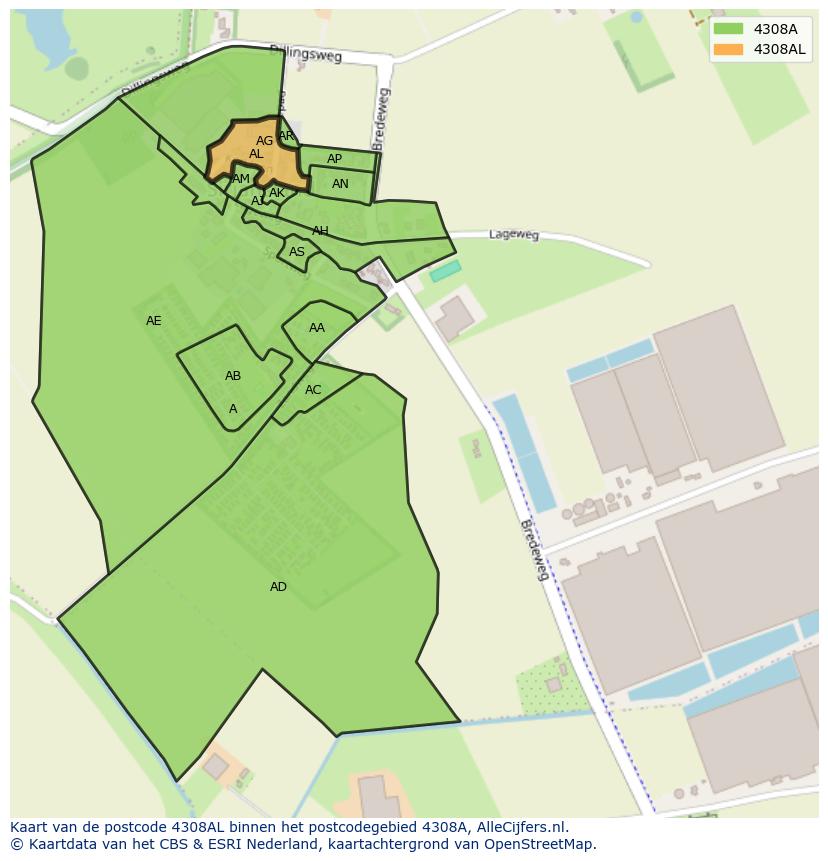 Afbeelding van het postcodegebied 4308 AL op de kaart.