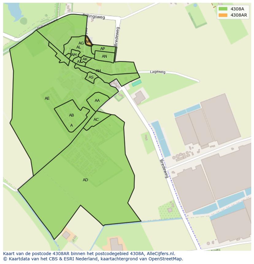 Afbeelding van het postcodegebied 4308 AR op de kaart.