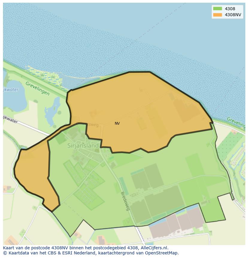 Afbeelding van het postcodegebied 4308 NV op de kaart.