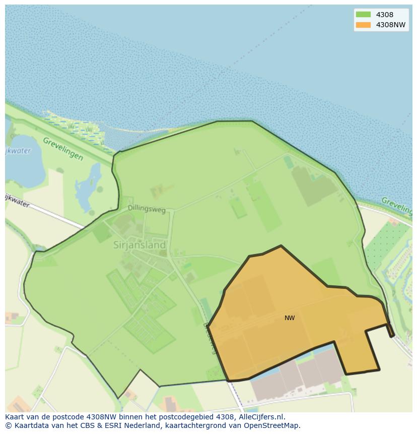 Afbeelding van het postcodegebied 4308 NW op de kaart.