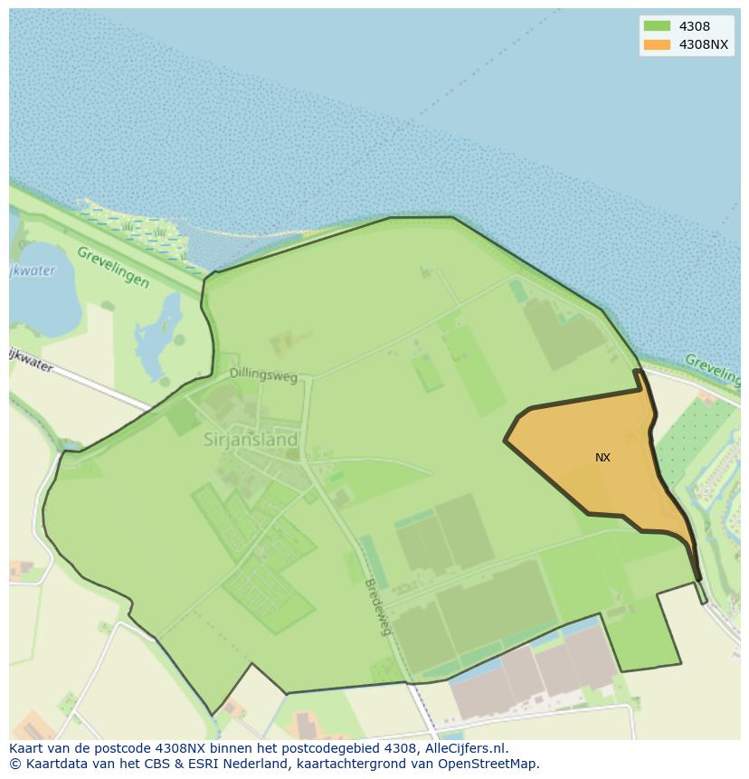 Afbeelding van het postcodegebied 4308 NX op de kaart.