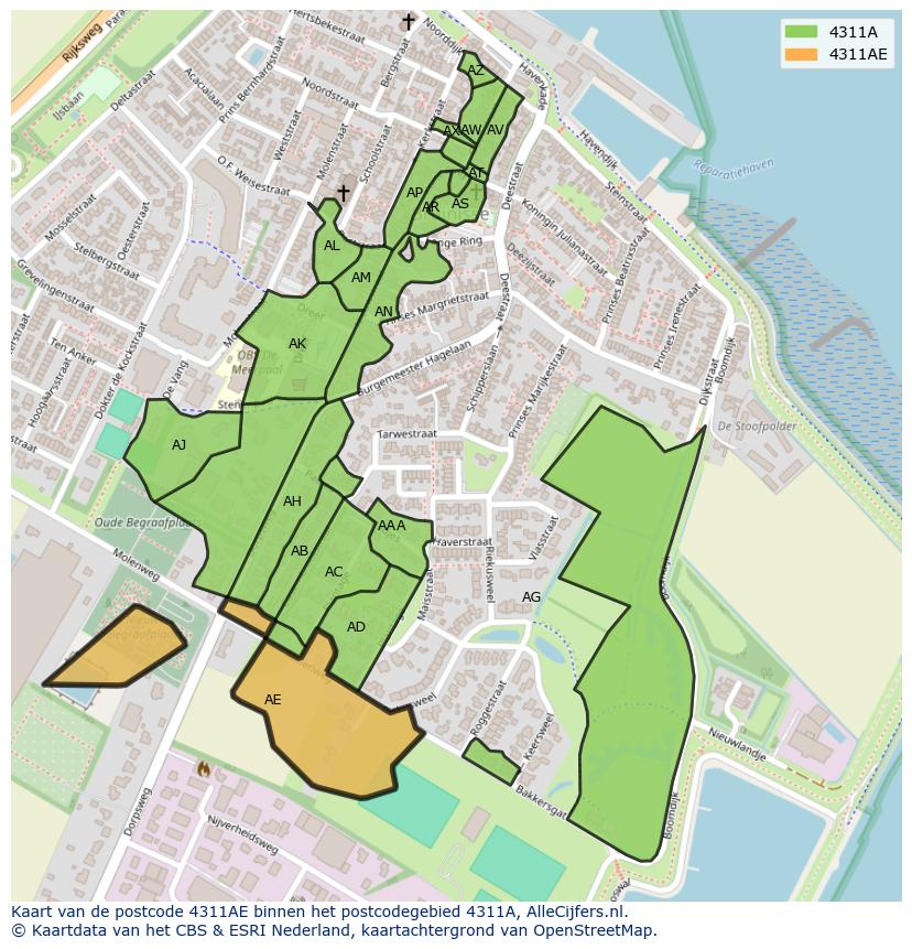 Afbeelding van het postcodegebied 4311 AE op de kaart.