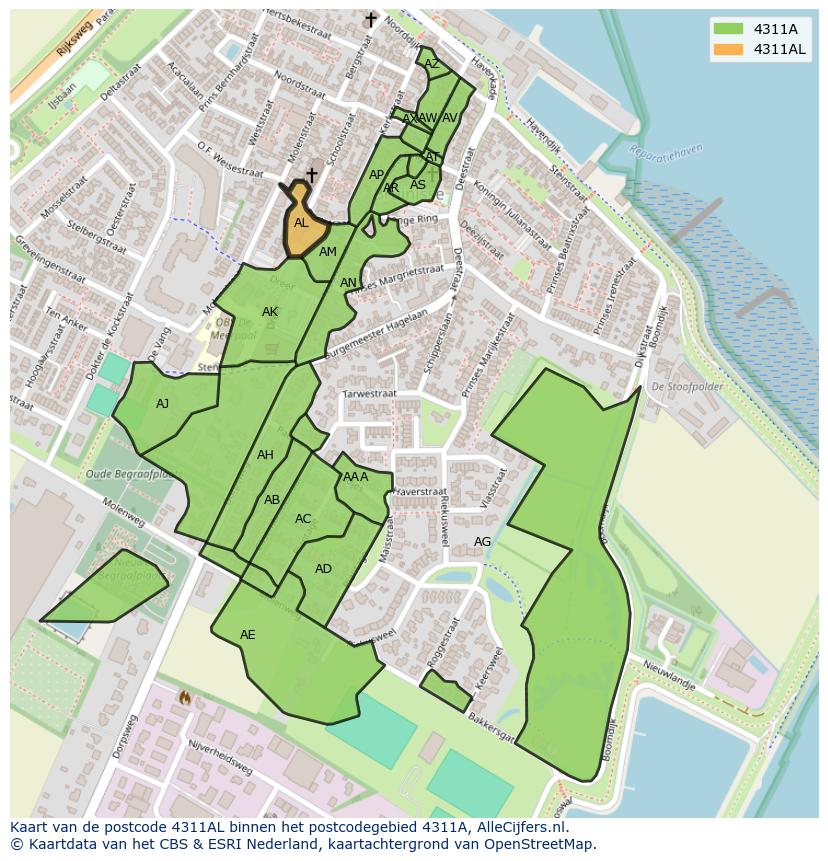 Afbeelding van het postcodegebied 4311 AL op de kaart.