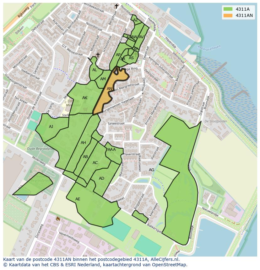 Afbeelding van het postcodegebied 4311 AN op de kaart.