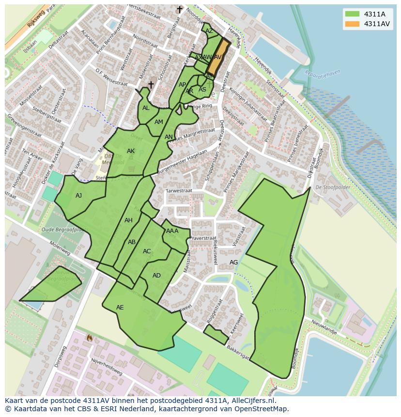 Afbeelding van het postcodegebied 4311 AV op de kaart.