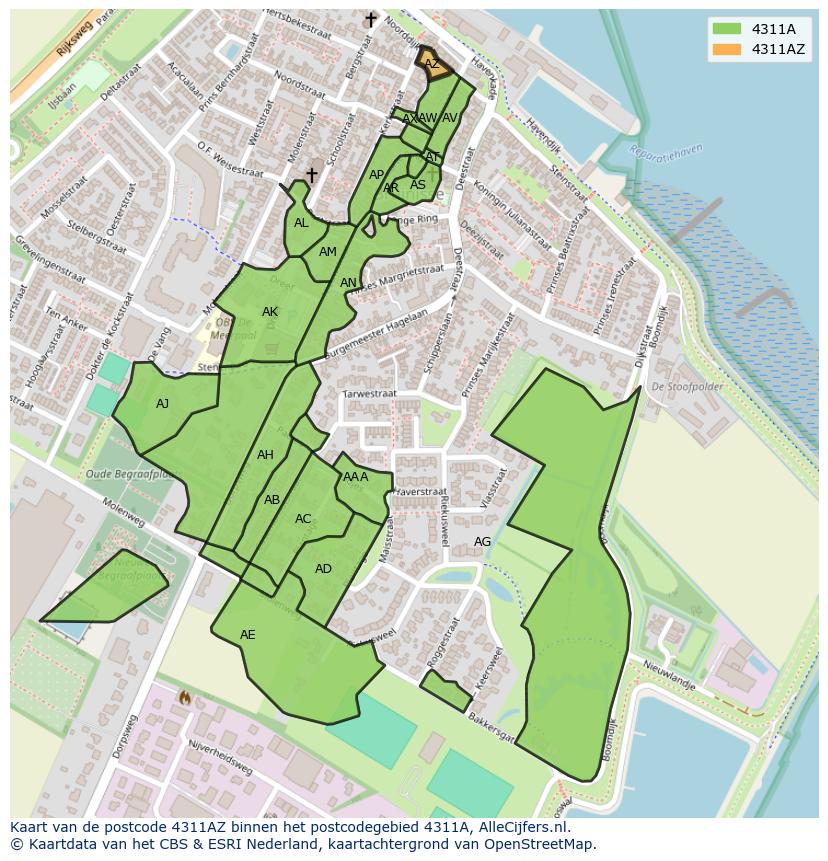 Afbeelding van het postcodegebied 4311 AZ op de kaart.
