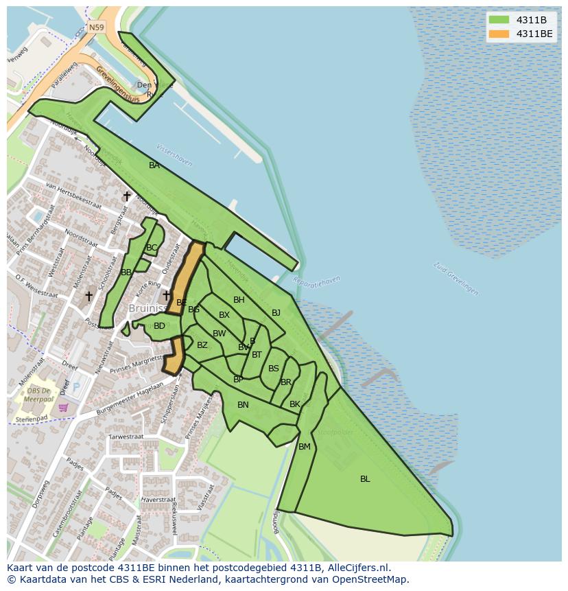 Afbeelding van het postcodegebied 4311 BE op de kaart.