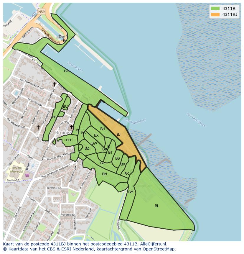 Afbeelding van het postcodegebied 4311 BJ op de kaart.