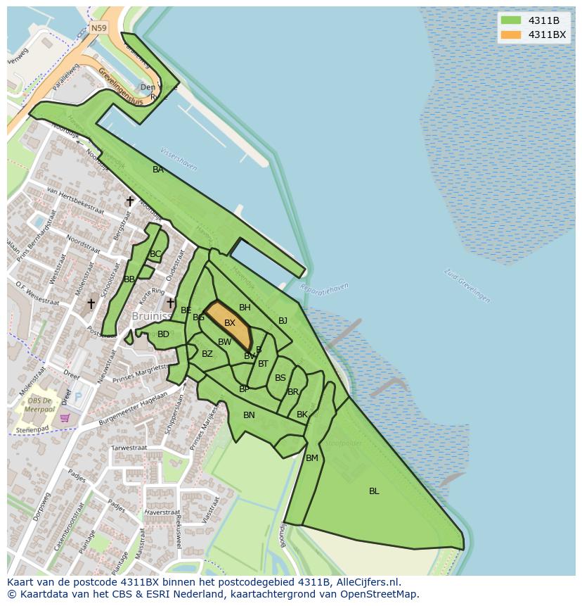 Afbeelding van het postcodegebied 4311 BX op de kaart.