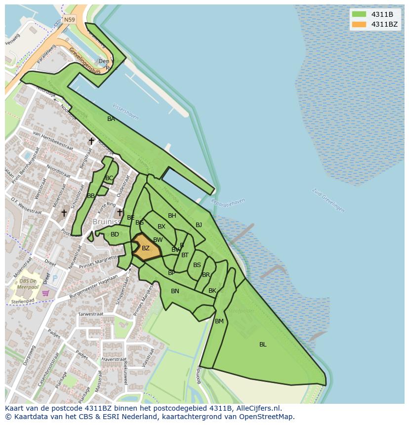 Afbeelding van het postcodegebied 4311 BZ op de kaart.