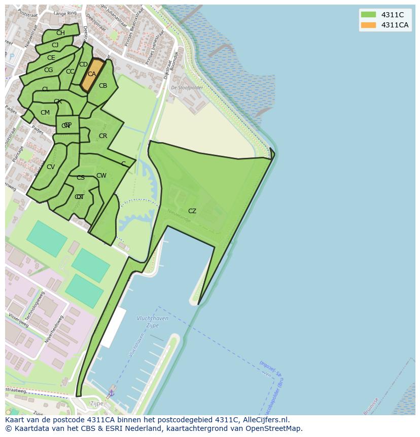 Afbeelding van het postcodegebied 4311 CA op de kaart.