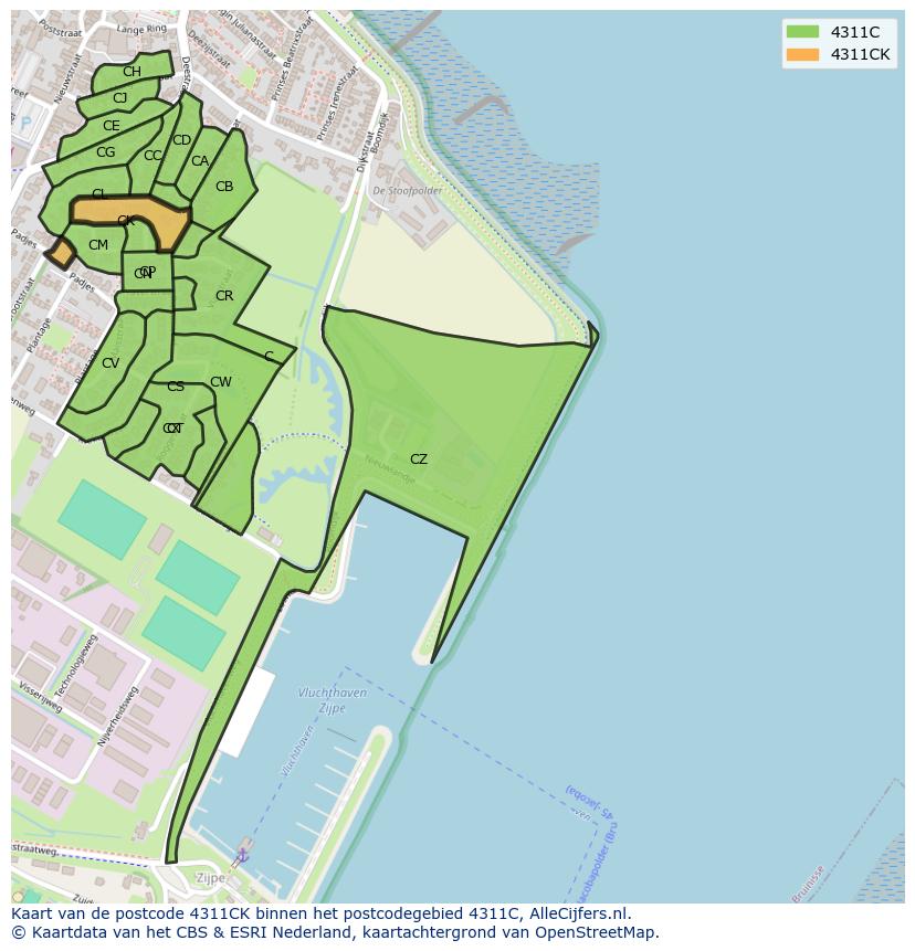 Afbeelding van het postcodegebied 4311 CK op de kaart.